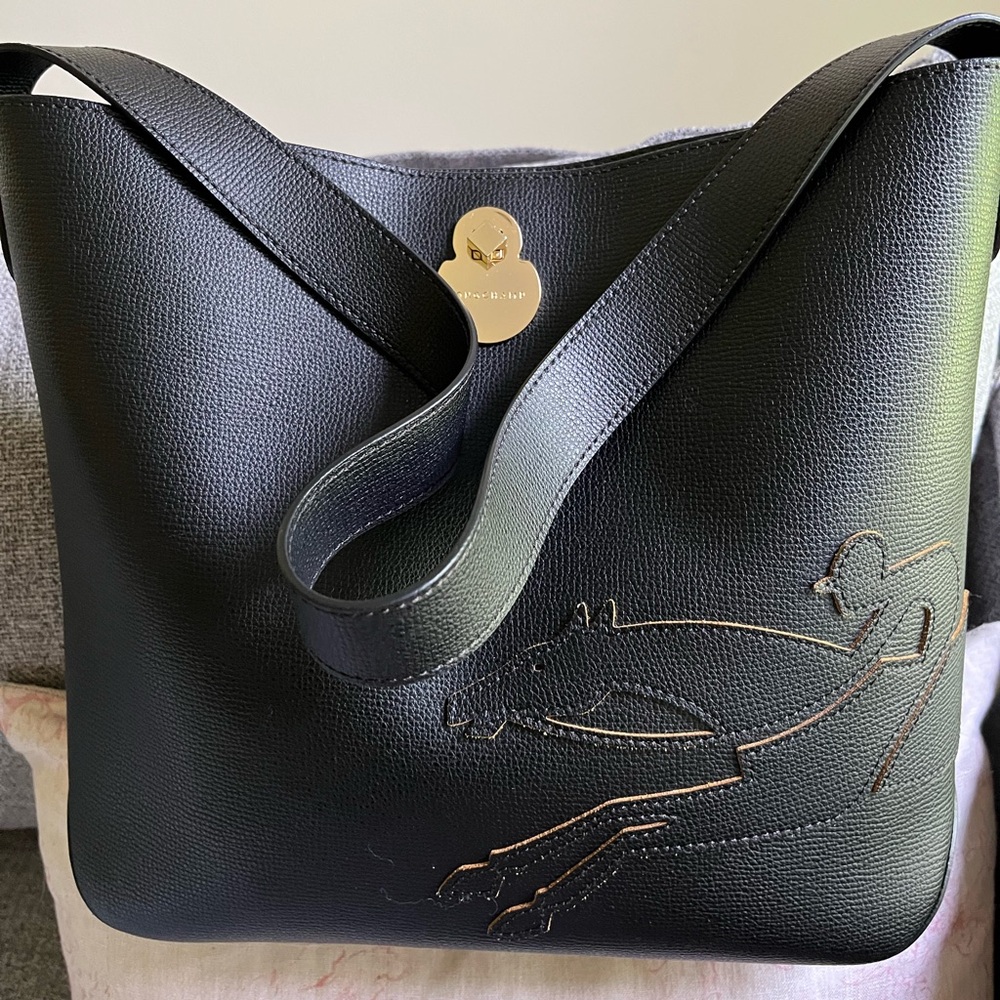 Longchamp Black Leather Embossed Shoulder Bag